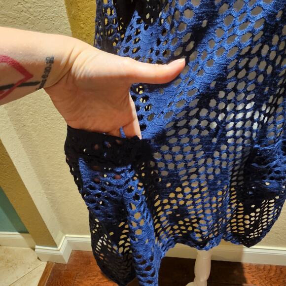 Sand & Spirit S Blue Crochet Pullover Boho Open Knit Sweater Tunic Artsy Chic - Picture 7 of 10